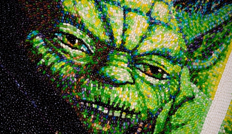 A Yoda mosaic made from jelly beans is seen at New York Comic Con in New York.