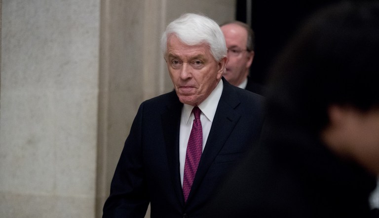 U.S. Chamber of Commerce President and CEO Tom Donohue arrives to greet Japanese Prime Minister Shinzo Abe for a business roundtable at the U.S. Chamber of Commerce in Washington, Friday, Feb. 10, 2017.