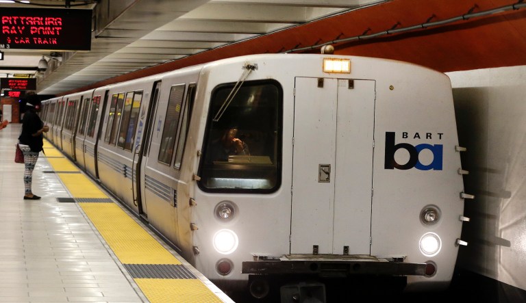 A Bay Area Rapid Transit train arrives at a station Tuesday, Oct. 15, 2013, in Oakland, Calif. 