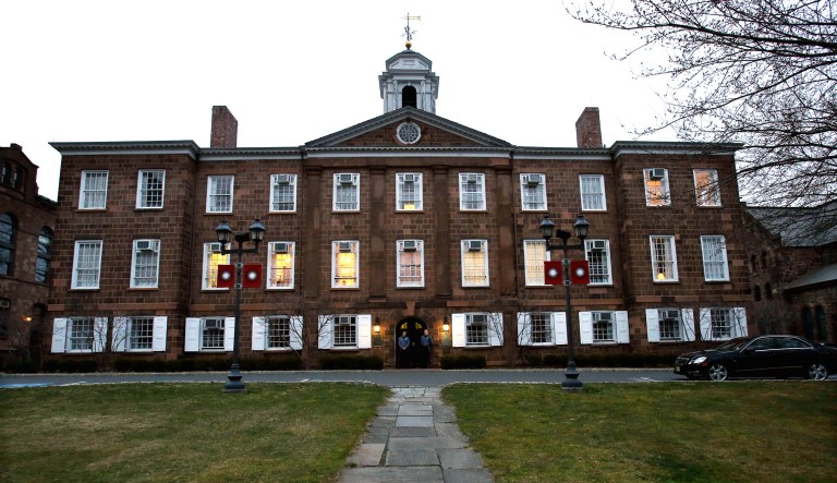 At dusk, lights remain on at Rutgers University's Old Queens building in New Brunswick, N.J.