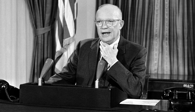 Then-President Dwight D. Eisenhower makes his farewell address to the nation in a television and radio broadcast three days before the end of his term in Washington, D.C., on Jan. 17, 1961. 