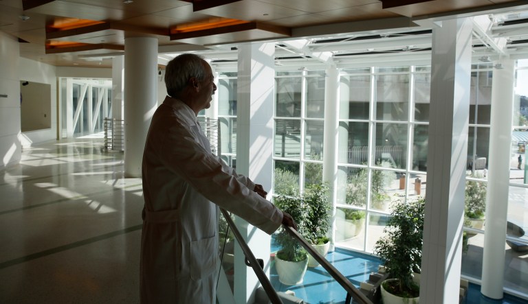 In this photo taken Friday, Nov. 13, 2015, chief of staff Dr. Jim Marks looks over the new lobby of Zuckerberg San Francisco General Hospital in San Francisco. 