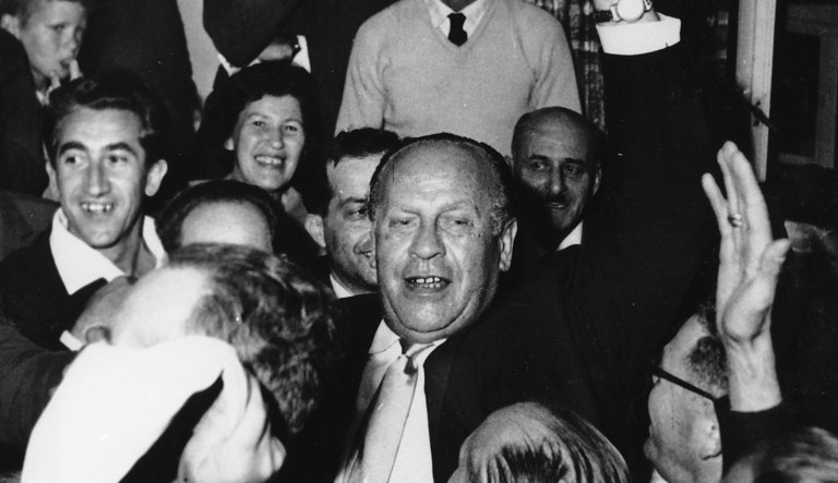 Oskar Schindler, center, is surrounded by Holocaust survivors in Jerusalem, Israel, on May, 1, 1962. Upon his arrival, Schindler was greeted by 300 Israelis whom he saved from being exterminated by the Nazis during World War II.