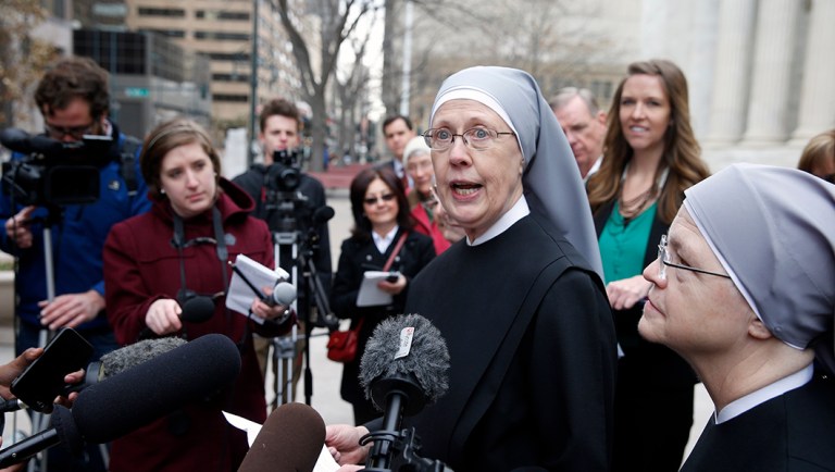 Sister Loraine Marie Maguire, of Little Sisters of the Poor, speaks to members of the media after attending a hearing in the 10th U.S. Circuit Court of Appeals.