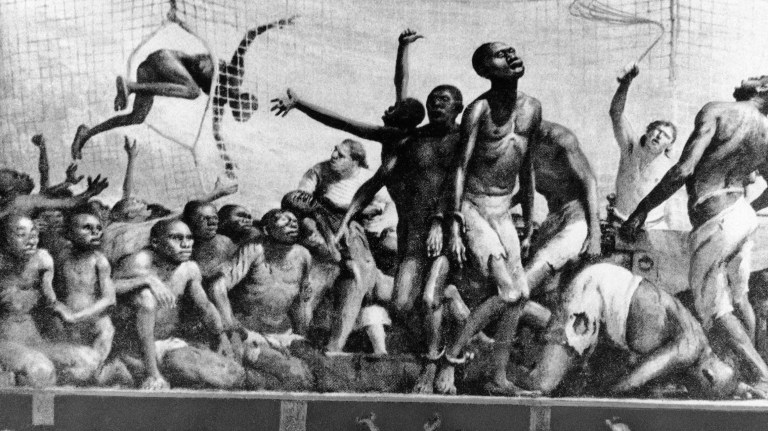 The horrors of a tropical slave ship are depicted in this painting by Robert Riggs of Philadelphia, Pa.