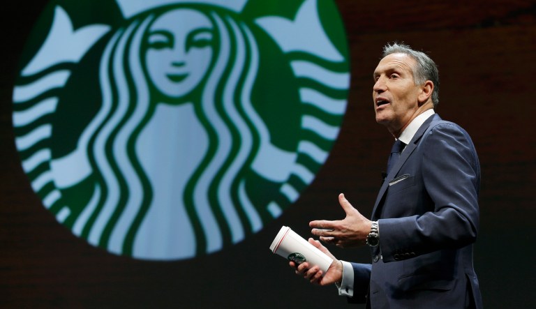 Starbucks CEO Howard Schultz speaks Wednesday, March 23, 2016, at the coffee company's annual shareholders meeting in Seattle.