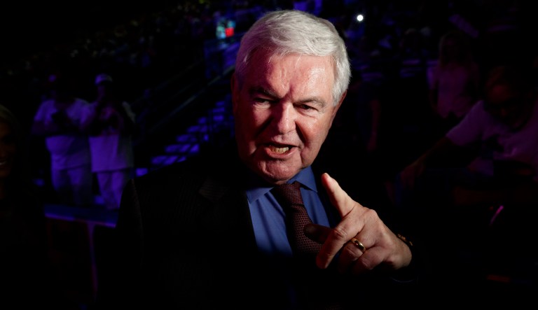 Former Speaker of the House Newt Gingrich, R-Ga., arrives to introduce Republican presidential candidate Donald Trump during a campaign rally, Monday, Sept. 19, 2016, in Ft. Myers, Fla. 