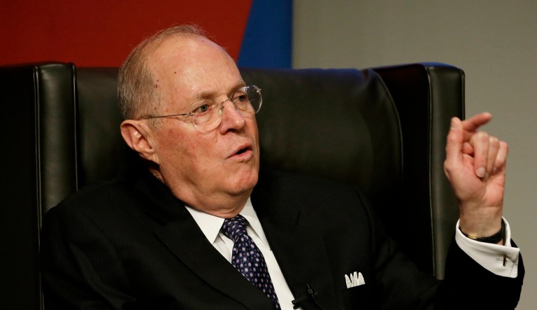 Supreme Court Justice Anthony Kennedy speaks to faculty members at the University of Pennsylvania law school.