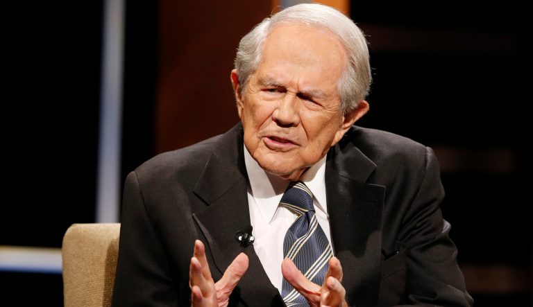 Rev. Pat Robertson gestures at Regent University in Virginia Beach, Va., Friday, Oct. 23, 2015.