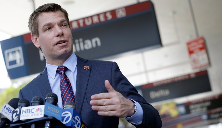 Rep. Eric Swalwell D-Calif., holds a news conference at the San Jose International Airport on Friday, May 2, 2014, in San Jose, Calif.