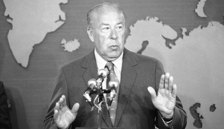 Secretary of State George Shultz faces reporters at the State Department in Washington on Thursday, Sept. 1, 1983.