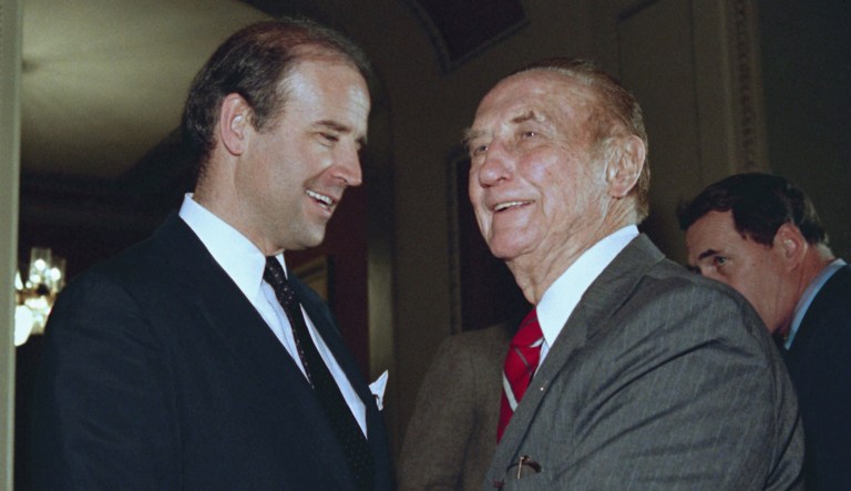 Outgoing Senate Judiciary Committee Chairman Strom Thurmond, R-S.C., right, talks with Sen. Joe Biden, D-Del., on Capitol Hill in Washington, Thursday, Nov. 20, 1986.