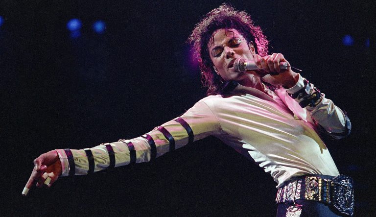 In this Feb. 24, 1988 photo, Michael Jackson performs during his 13-city U.S. tour in Kansas City, Mo. 