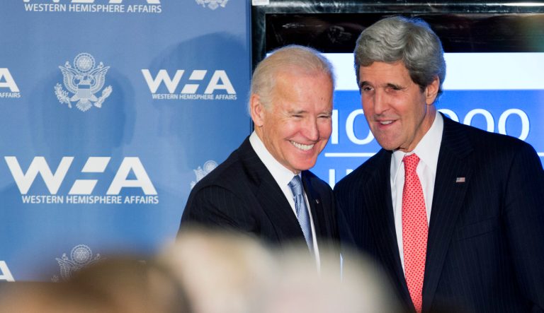 Vice President Joe Biden and Secretary of State John Kerry, right, attend a gathering on 100,000 Strong in the Americas at the State Department in Washington, Friday, Jan. 17, 2014. 