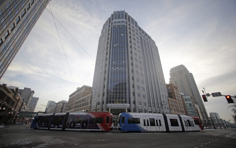 In this photo, the light rail travels in downtown Salt Lake City.