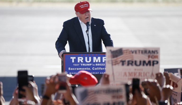 Republican presidential candidate Donald Trump speaks at a rally, Wednesday, June 1, 2016, in Sacramento, Calif.
