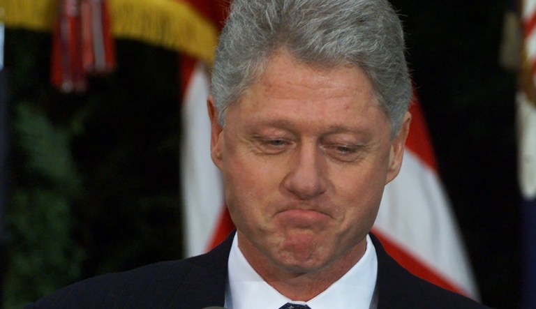 Saying he was "humbled," President Clinton makes a statement in the Rose Garden at the White House, Friday, Feb. 12, 1999, after the Senate acquitted him of perjury and obstruction of justice, ending a 13-month drama that catapulted an affair with a White House intern into only the second presidential impeachment trial in history. Permitted to finish his term, the 42nd president declared he was "profoundly sorry ... for what I said and did."