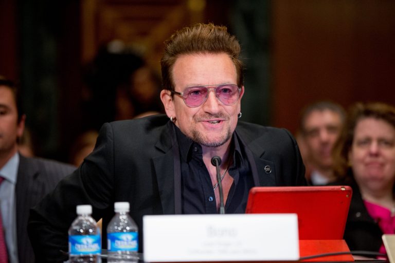 Irish rock star and activist Bono testifies on Capitol Hill in Washington, Tuesday, April 12, 2016, before the Senate State, Foreign Operations, and Related Programs subcommittee hearing on the causes and consequences of violent extremists, and the role of foreign assistance.