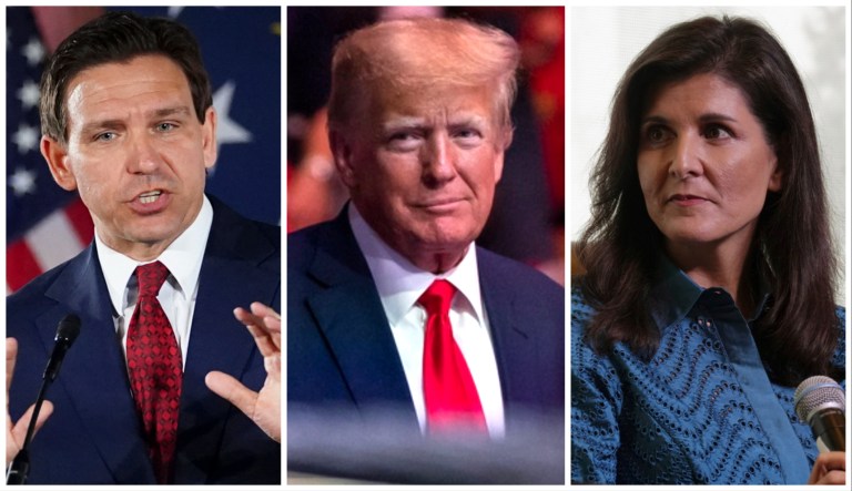From left, Gov. Ron DeSantis (R-FL), former President Donald Trump, and former U.S. Ambassador to the United Nations Nikki Haley.