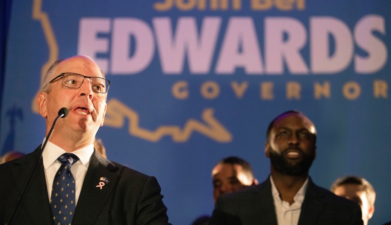 Louisiana Gov. John Bel Edwards speaks at his election night watch party in Baton Rouge, Louisiana, Saturday, Oct. 12, 2019. 