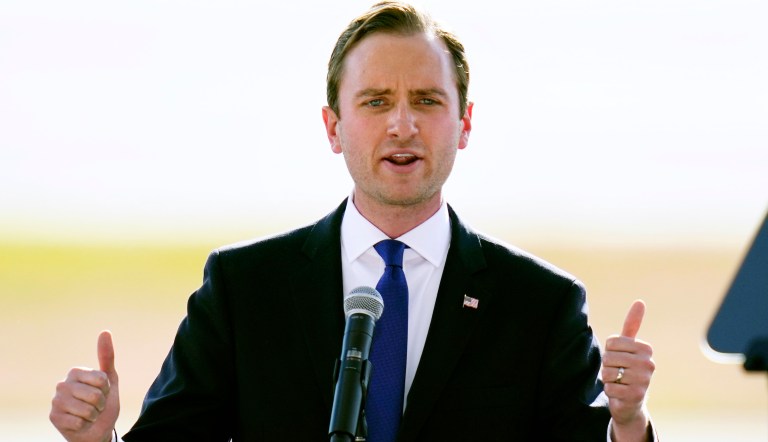 Matt Mowers speaks before a campaign rally for President Donald Trump.