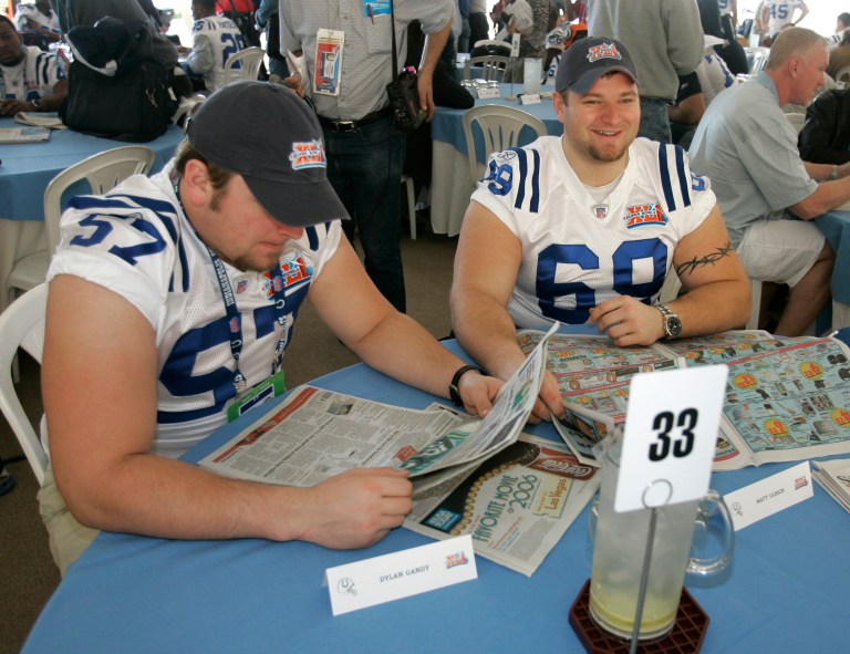 Indianapolis Colts offensive guard Dylan Gandy, left, and offensive guard Matt Ulrich.