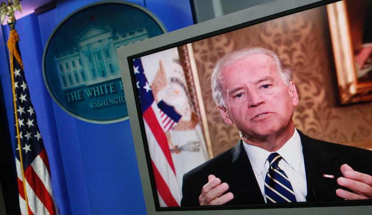 Vice President Joe Biden is seen on a video screen in the James Brady Briefing Room in the West Wing of the White House in Washington, Friday, Sept. 4, 2009, as he speaks via satellite from the White House at an event about green energy initiatives in regards to the economy at Solyndra, Inc., a manufacturer of solar panels, in Fremont, Calif., with Energy Secretary Steven Chu and California Gov. Arnold Schwarzenegger, both not pictured.