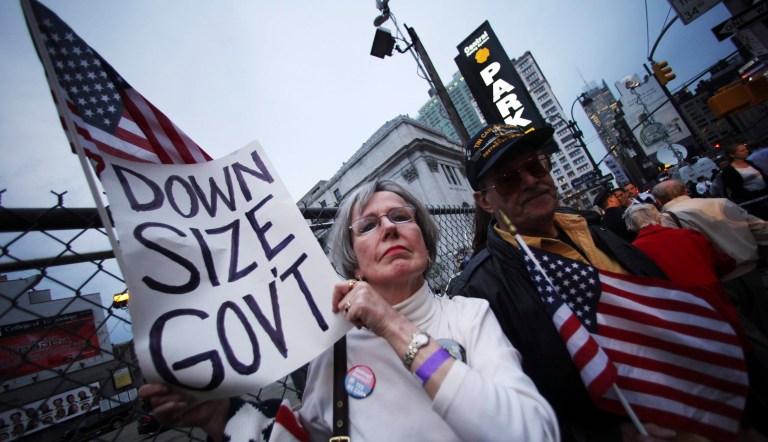 In this April 15, 2010 file photo, a couple participates in the Tax Day tea protest in New York.