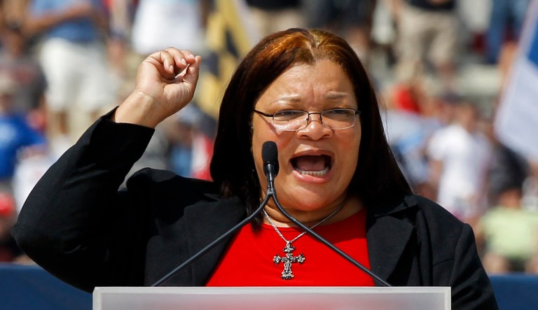  In this Aug. 28, 2010 file photo, Alveda King, the niece of Martin Luther King, Jr., speaks during the Glenn Beck 