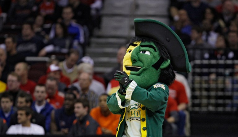 The George Mason University mascot performs during an East regional NCAA college basketball tournament second-round game against Villanova on Friday, March 18, 2011, in Cleveland.