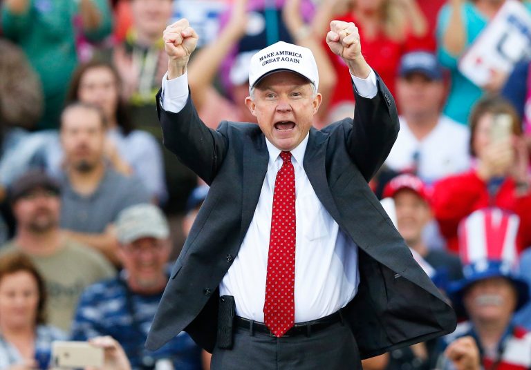 Jeff Sessions, shown at a Trump rally in 2016, has remained loyal to the president despite his firing over the Russia investigation.