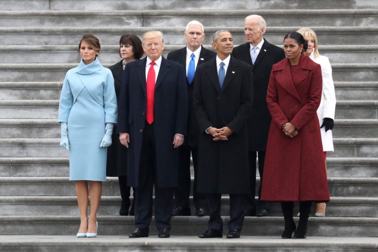 President Biden is following former President Trump in approval ratings from Rasmussen. This is from Trump's 2017 inauguration showing, from left, former first lady Melania Trump, Karen Pence, former President Donald Trump, former Vice President Mike Pence, former president Barack Obama, Biden, Michelle Obama and Jill Biden at the Capitol.