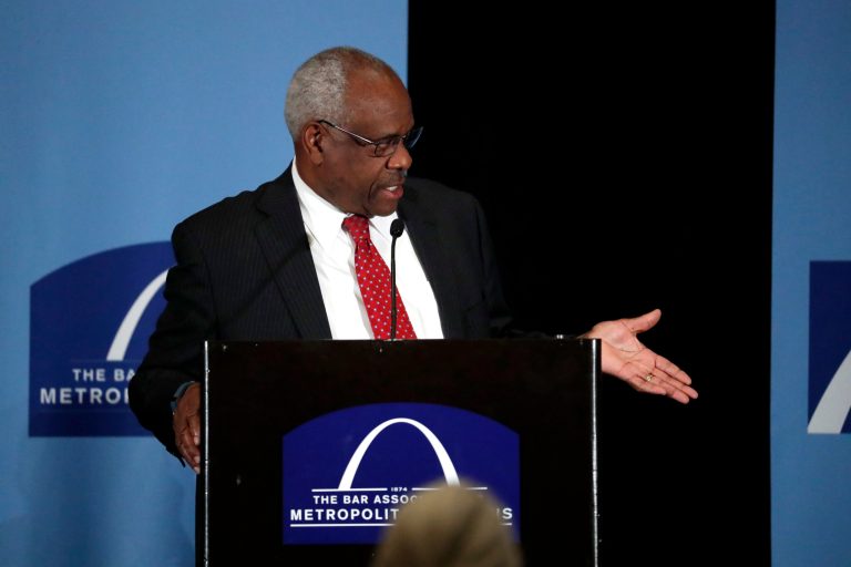 U.S. Supreme Court Justice Clarence Thomas delivers remarks at the Bar Association of Metropolitan St. Louis Friday, May 5, 2017, in St. Louis. 