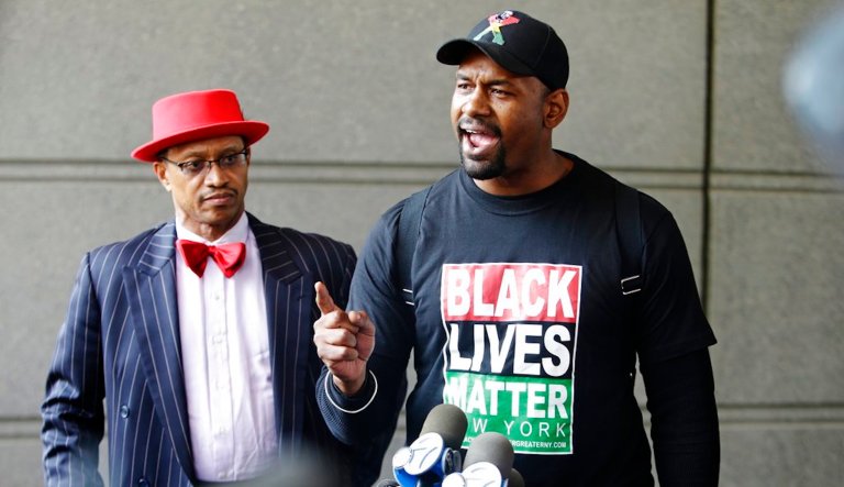 Hawk Newsome, of Black Lives Matter speaks to the media.