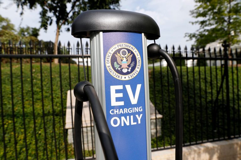 An EV charging station is seen on West Executive Avenue on the White House complex. (AP/Alex Brandon)