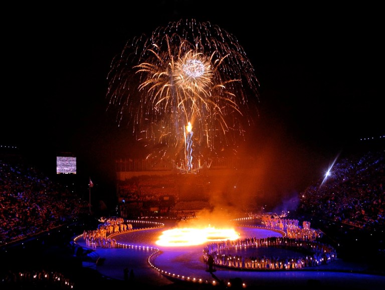 This Feb. 8, 2002, file photo shows fireworks erupting during the opening ceremonies of the 2002 Winter Olympics in Salt Lake City.