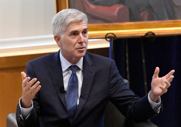 Justice Neil Gorsuch addresses the audience during his talk at the University of Kentucky, Thursday, Sept. 21, 2017, in Lexington, Ky. 
