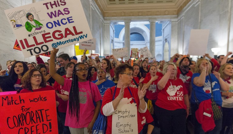 Thousands of teachers and school personnel demonstrate at the capitol in Charleston, W.V., on March 05, the eighth day of the statewide teacher strike.