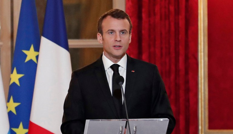 France's President Emmanuel Macron attends a State dinner at the Elysee Palace in Paris, France, Monday, March 19, 2018. 
