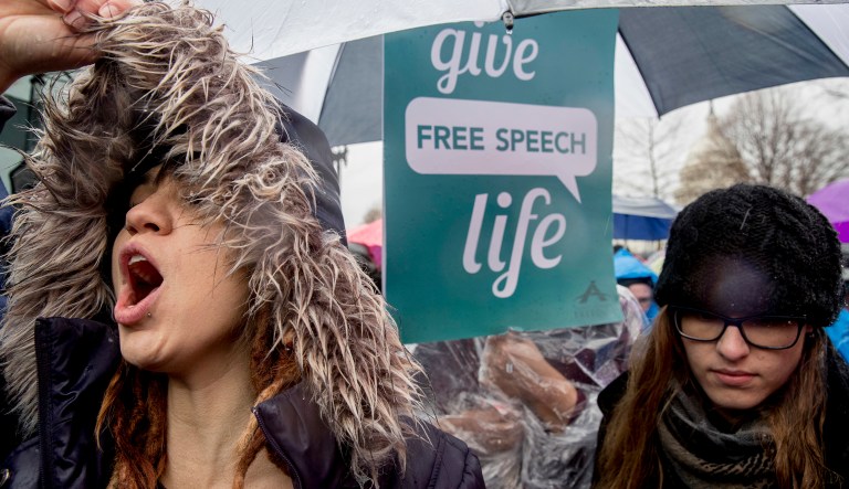 Anti-abortion demonstrators cheer during a rally outside the Supreme Court in Washington, Tuesday, March 20, 2018, as the Supreme Court hears arguments in a free speech fight over California's attempt to regulate anti-abortion crisis pregnancy centers.