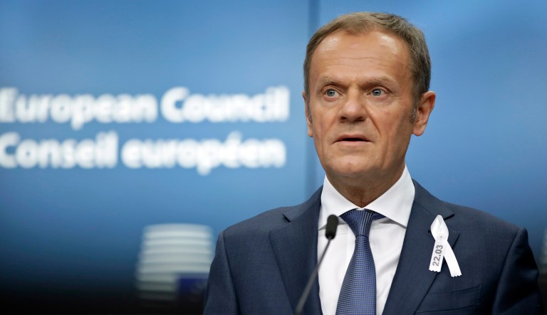 European Council President Donald Tusk speaks during a media conference at an EU summit at the Europa building in Brussels on Thursday, March 22, 2018. Leaders from the 28 European Union nations meet for a two-day summit to assess the prospect of a trade war with the United States and how to react to Russia following to the nerve agent attack in Britain. 
