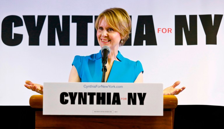 New York candidate for governor Cynthia Nixon speaks during her first campaign stop after announcing she would challenge New York Gov. Andrew Cuomo.