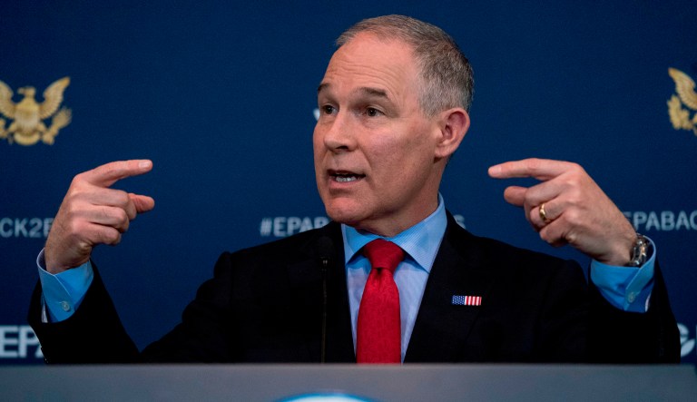 EPA Administrator Scott Pruitt speaks at a news conference. Pruitt indicated this week he may target a longstanding federal waiver that allows California to set its own, tougher tailpipe emission standards.