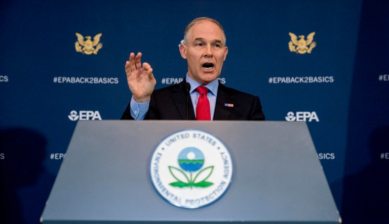 Environmental Protection Agency Administrator Scott Pruitt speaks at a news conference on his decision to scrap Obama administration fuel standards.