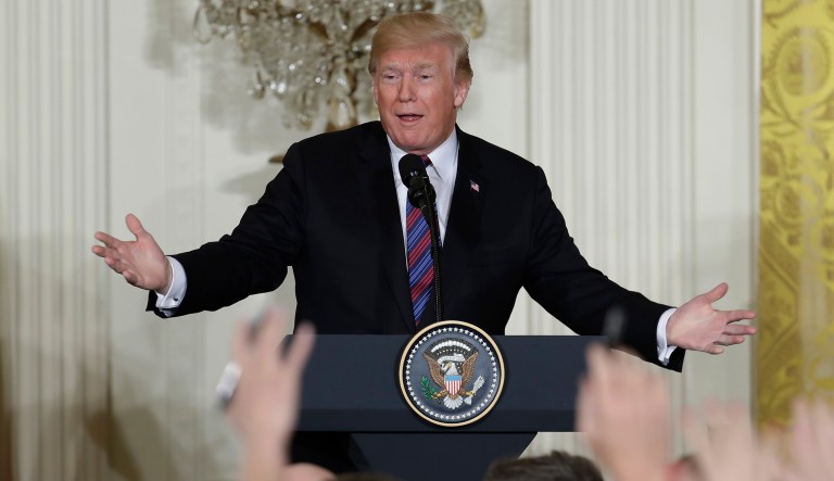President Trump speaks during a news conference with Latvian President Raimonds Vejonis, Estonian President Kersti Kaljulaid, and Lithuanian President Dalia Grybauskaite in the East Room of the White House. 