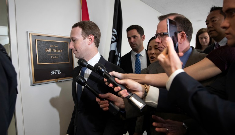 Facebook CEO Mark Zuckerberg arrives on Capitol Hill in Washington, Monday, April 9, 2018, to meet with Sen. Bill Nelson, D-Fla., the ranking member of the Senate Commerce Committee. Zuckerberg will testify Tuesday before a joint hearing of the Commerce and Judiciary Committees about the use of Facebook data to target American voters in the 2016 election.