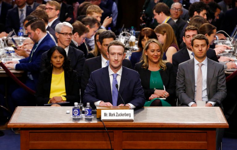 Facebook CEO Mark Zuckerberg testifies before a joint hearing of the Commerce and Judiciary Committees on Capitol Hill in Washington, Tuesday, April 10, 2018, about the use of Facebook data to target American voters in the 2016 election.