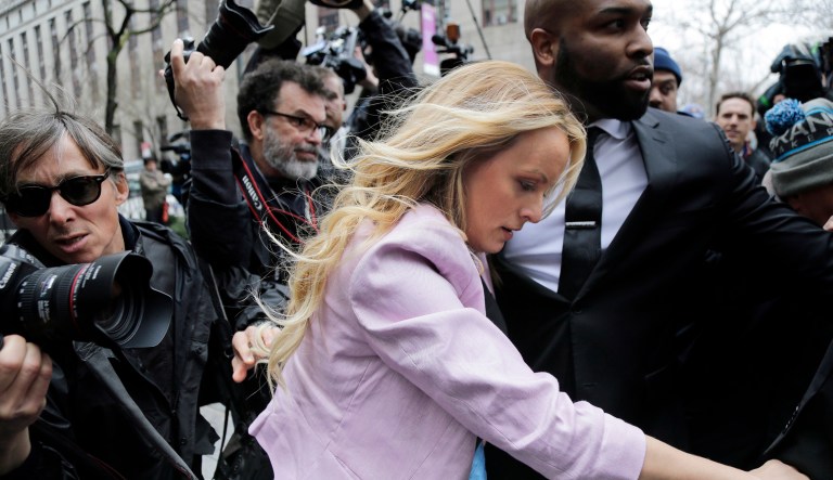 Stormy Daniels arrives at federal court in New York, Monday, to attend a court hearing where a federal judge is considering how to review materials that the FBI seized from President Trump's personal lawyer to determine whether they should be protected by attorney-client privilege.