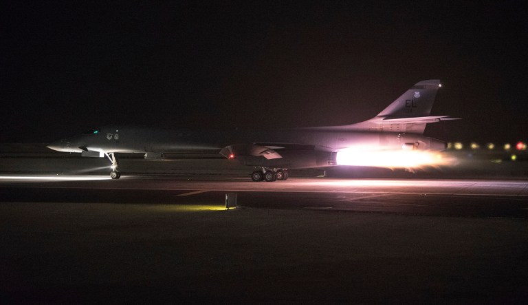 A 34th Expeditionary Bomb Squadron B-1B Lancer deployed to the 379th Air Expeditionary Wing prepares to take off on April 13, and launch a strike mission from Al Udeid AIr Base, Qatar, in support of the multinational response to Syria's recent use of chemical weapons. Two B-1Bs employed 19 Joint Air to Surface Standoff Missiles. 