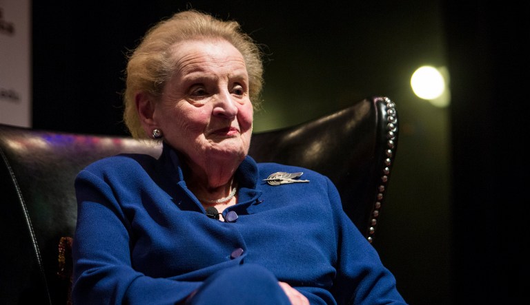 Former U.S. Secretary of State Madeleine Albright pauses as she speaks at the University of Chicago Institute of Politics in Chicago. 